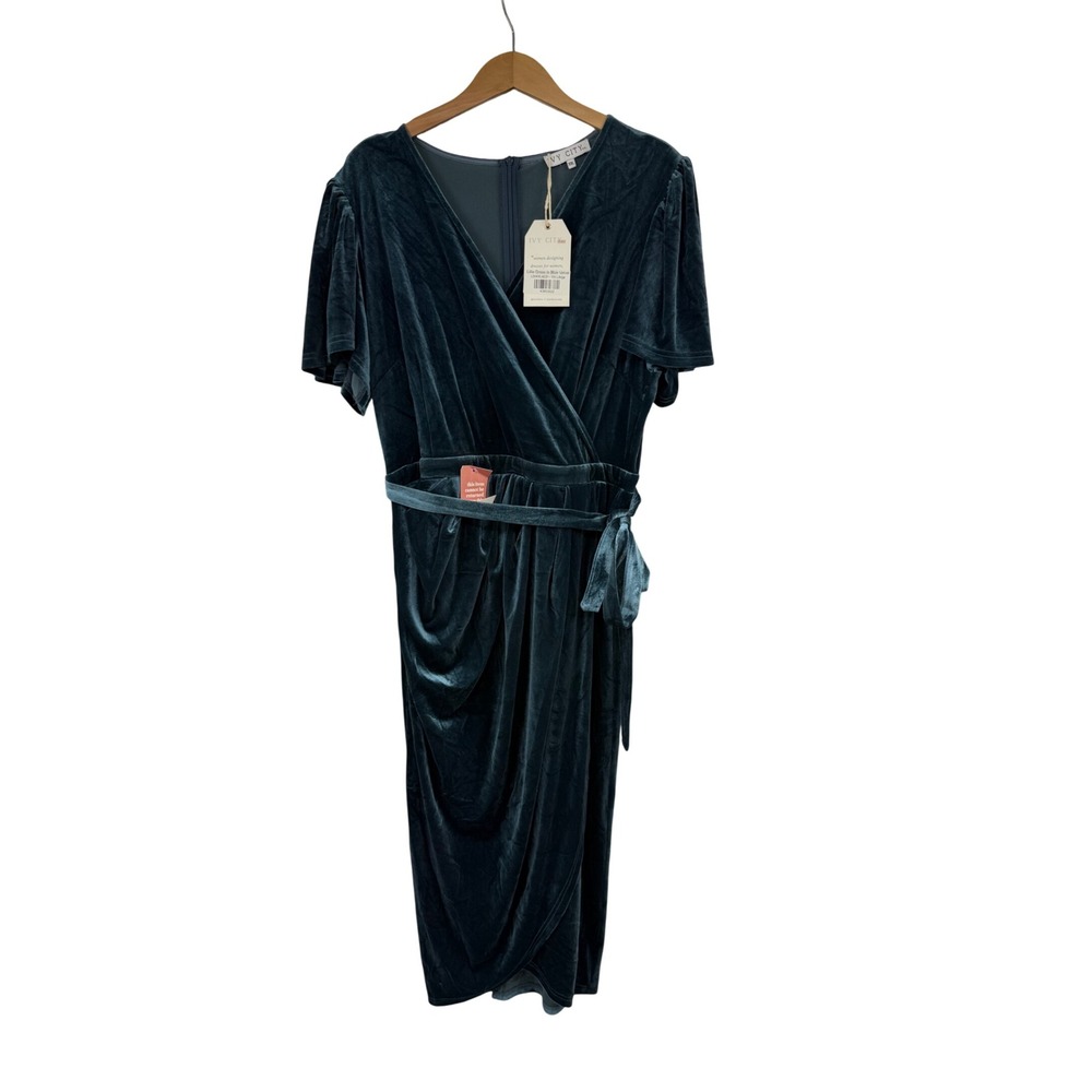 Ivy City Co Lillie Dress Blue Teal Velvet Faux Wrap Midi Short Sleeve XXL New